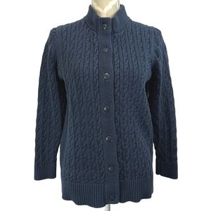 LL Bean Navy Blue Cable Knit Cotton Cardigan Sweater Womens L Petite